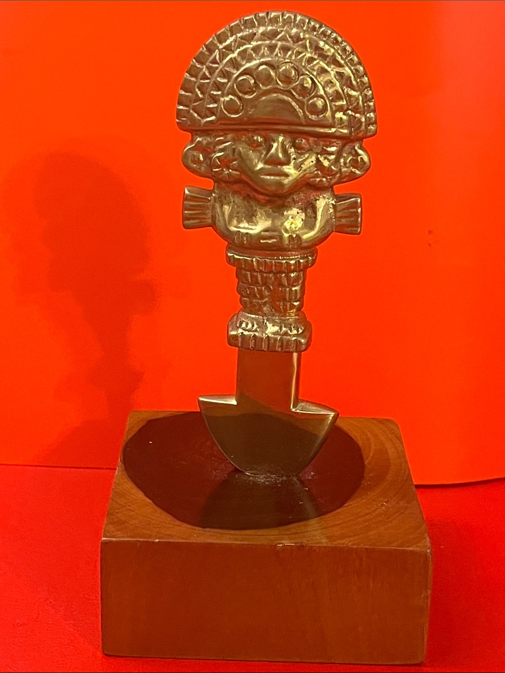 Brass Tribal Figurine Sculpture in Gold on Wood Base - Home Art 6”1/4 H 3.5”W